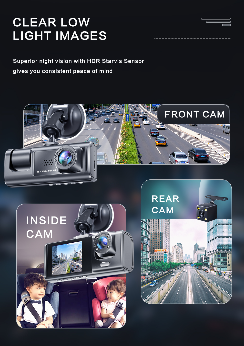 TriView Guardian 3-Lens 1080 HD Dash Camera with Night Vision