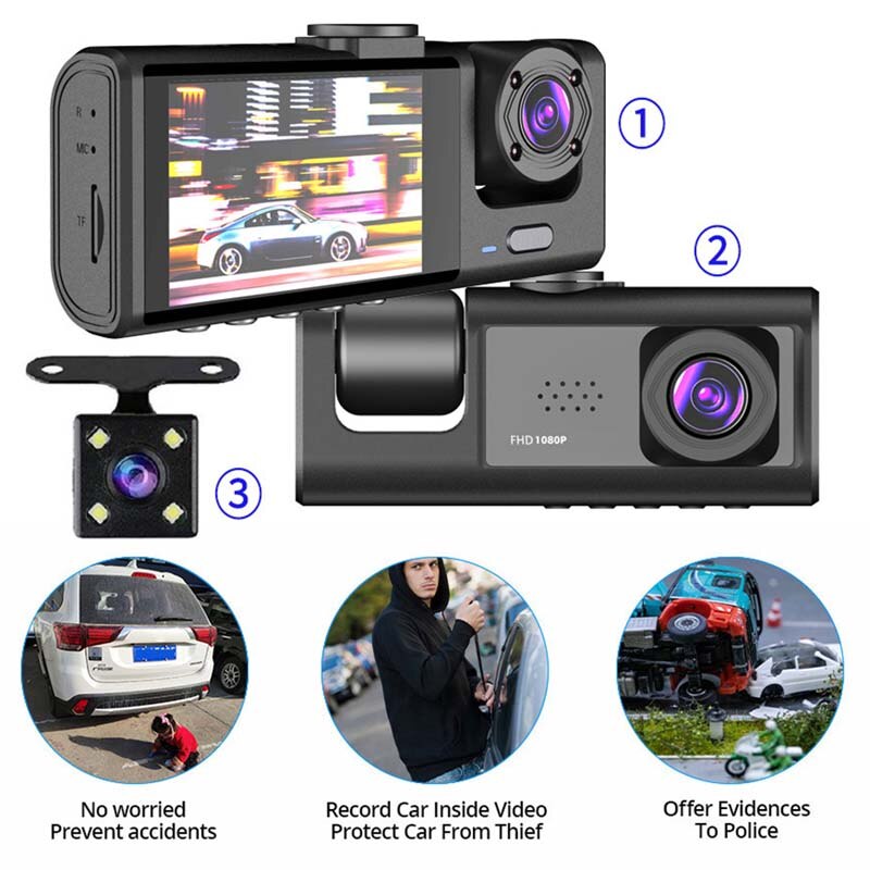 TriView Guardian 3-Lens 1080 HD Dash Camera with Night Vision